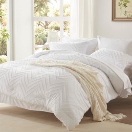 Anluoer Full Comforter Set, White Tufted Bed in a Bag 7 Pieces with comforters and Sheets, All Season Bedding Sets with 1 Comforter, 2 PillowShams, 2 Pillowcases, 1 Flat Sheet, 1 Fitted Sheet
