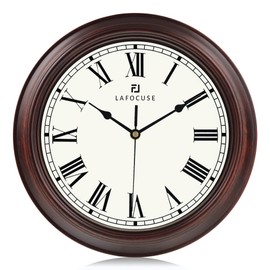 Lafocuse 12 Inch Mahogany Color Wall Clock Roman Numerals, Silent Analog Wall Clock Battery Operated for Kitchen Living Room Bedroom, Retro Home Décor