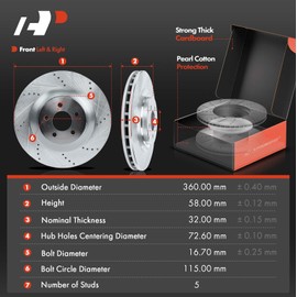 A-Premium 14.18 inch (360mm) Front Drilled and Slotted Disc Brake Rotors + Ceramic Pads Kit Compatible with Select Dodge, Chrysler Models - Charger 2006-2010/2012-2013, Challenger, Magnum, 300