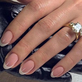 Almond False Nails with Glue - 24Pcs French Tip False Nails Short - Press on Nails - Pink Glossy French Tip False Nails Short - Acrylic Full Cover Stick on Nails with Elegant Design