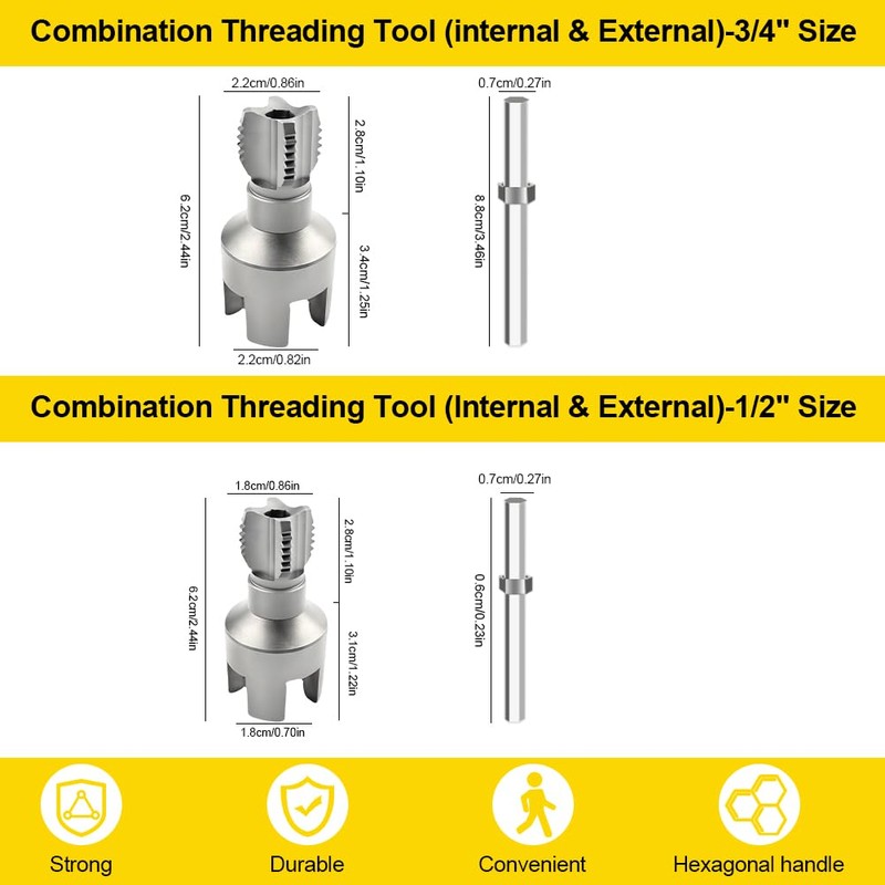 2PCS PVC Pipe Threader Set,1/2 and 3/4 inch Dies,Integrated Internal
