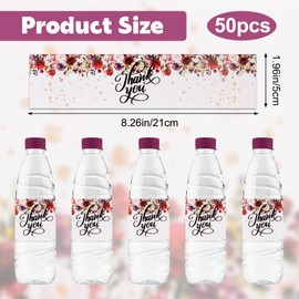 URROMA 50Pcs Red Flowers Water Bottle Labels, Thank You Wedding Drinking Water Bottle Label Date Labels for Bridal Shower Party