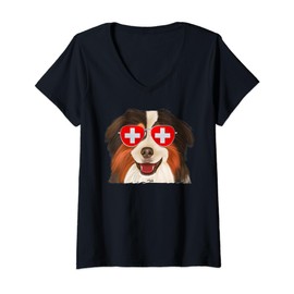 Womens Miniature American Shepherd Dog Switzerland Flag Sunglasses V-Neck T-Shirt