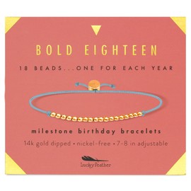 Lucky Feather Milestone 18th Birthday Gifts For Women - 14K Gold Dipped Beads Bracelet on Adjustable 7”- 8” Cord - Bold 18 Year Old Gifts