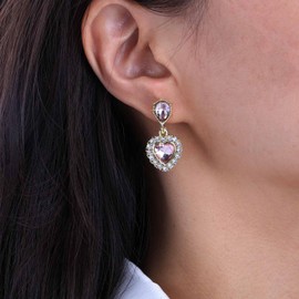Xduargs Boho Crystal Heart Drop Earrings Pink Created Birthstone Heart Earrings Silver Rhinestone Love Heart Earrings Sparkly Crystal Cz Heart Love Earrings Jewelry for Women(Pink)