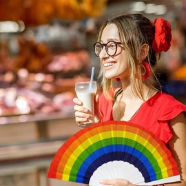 Generic auwiyd 6 PCS Pride Day Rainbow Folding Hand Fans Rainbow Fan for Pride Parade Rainbow Wedding Party Decorations, Plastic Folding Fan Pride Day Supplies