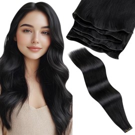 LaaVoo Genius Weft Real Hair Black Real Hair Wefts for Sewing Hair Extensions Real Hair Extensions Black Weft Extensions 55 cm #1 Natural 80 g