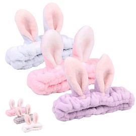 AmzBarley 3 Piece Cute Rabbit Ears Hair Cap Super Absorbent Elastic Bath Makeup Women's Facial Wash Hair Band Cute Hair Turban Bowknot Fluffy Colorful Face Wash Band Microfiber Hair Ornaments Yoga Travel (Purple+Blue+Pink)