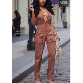 DINGANG Womens Casual Cargo Jumpsuit Short Sleeve V Neck Zip Up Romper Wide Leg Pants Overalls