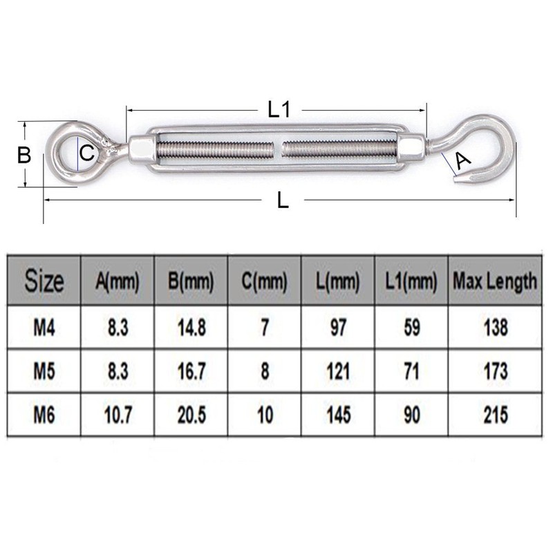 10pcs M6 Turnbuckles Best 304 Stainless Steel OC Hook Eye