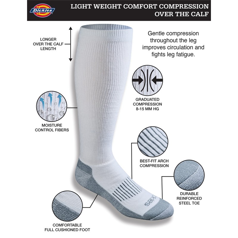 Dickies Men's Light Comfort Compression Over-the-calf Socks, White (4 Pairs),
