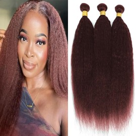 Reddish Brown Kinky Human Hair Bundles Color 33 Copper Red Yaki Straight Bundles Double Weft Remy Hair Extensions Wet and Wavy Bundles Silky and Soft for Black Women 10 12 14 Inch