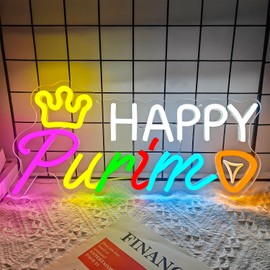 Ajoyferris Happy Purim Neon Sign Purim Neon Signs for Wall Decor Dimmable Purim Decorations Led Sign Jewish Carnival Party Hanging Neon Lights for Kids