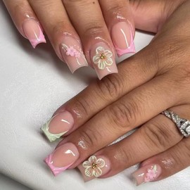 3D Flower Press on Nails False Nails Medium Square Coffin Fake Nails Spring Floral French Tip Acrylic DIY Full Cover Artificial Manicure 24 Pcs