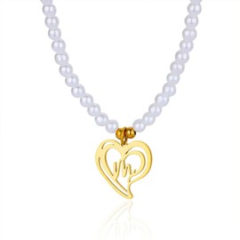 Gold Initial Pearl Necklace Choker Double Heart Letter Necklace Stainless Steel Imitation Pearl Love Heart Pendant for Women Dainty Alphabet 26 Letter A-Z Summer Beach Jewelry