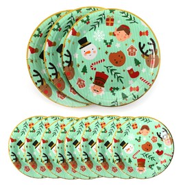 Christmas Plates Pack of 100 Green Plates with Christmas Character Pattern Elf Snowman Reindeer - Fun Kids Christmas Party Table Decoration