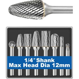 Sworker 8Pcs Carbide Burr Set 1/4 Shank w/Clear Box Max Head Dia 12mm Die Grinder Bits Rotary Tools Attachment Kit Rasp Accessories Metal Wood Stone Steel Grinding Deburring Cutting Porting Carving