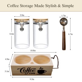 EQEY Glass Coffee Canister Set with Shelf & Spoon 2 Piece Coffee Containers for Ground Coffee Coffee Bean Storage Airtight Seal, Coffee Bar Accessories Coffee Filter Holder for Kitchen Organization