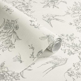 Froluya Floral Birds Peel and Stick Wallpaper Vintage Contact Paper 16.9"x 118.1" Cream White and Gray Wallpaper Peel and Stick Floral Self Adhesive Removable Wall Paper for Bathroom Cabinets Decor