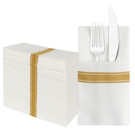 JEBBLAS Disposable Linen Feel Napkins, Built-in Flatware Pocket, Decorative Wedding Napkins, Folded Cloth Like Party Napkin, Soft, Strong, Absorbent, and Pre-folded, 50 Pack, Gold Print