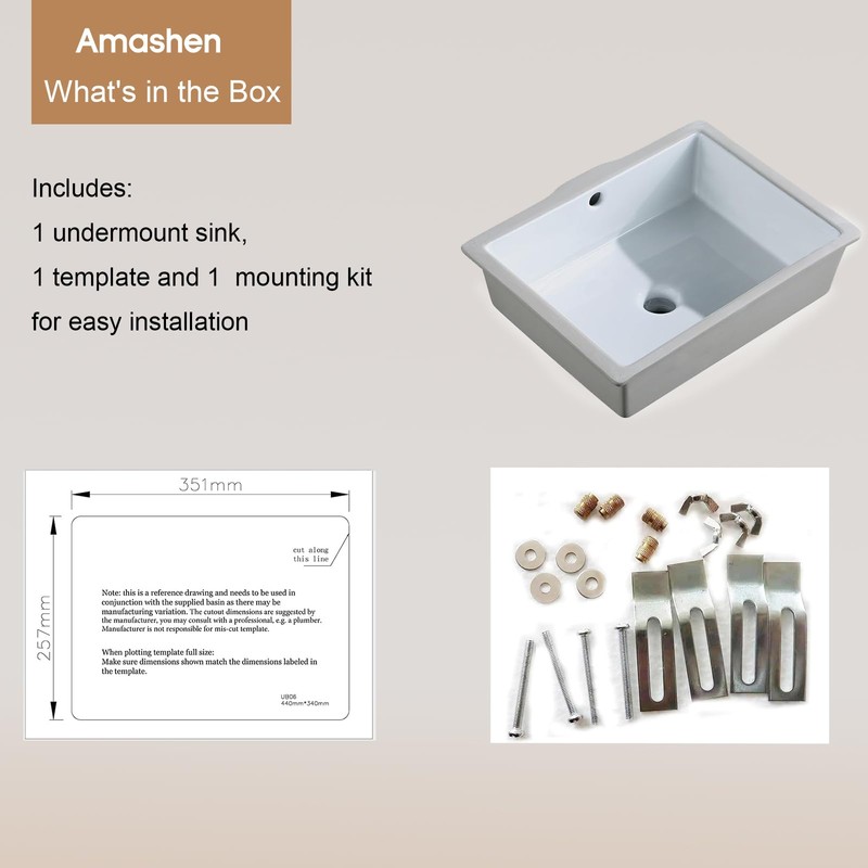 AMASHEN 17-Inch Undermount Bathroom Sink, White Ceramic Rectangular Vanity Sink