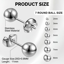 7 Pairs Stainless Steel Round Ball Stud Earrings Set Silver Stud Earrings for Women Girls Cartilage Earrings Hypoallergenic Ball Earring Ear Studs Men Jewellery with Sizes 2-8mm Gift for Women & Men