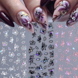 6 Sheets Flower Butterfly Nail Sticker 3D Self-Adhesive Butterfly White Black Pink Nail Decals Design Flower Butterfly Nail Charms Summer Nail Art Stickers for Women and Girls Acrylic Nail Decoration