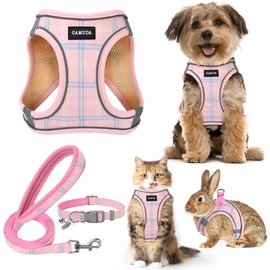 GAMUDA Small Dog Harness Collar and Leash Set, Step in No Chock No Pull Soft Mesh Adjustable Dog Vest Harnesses Plaid Reflective for Dogs Puppy Cats Kitten Rabbit (Pink, M)