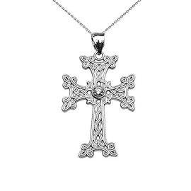 Religious Jewelry Sterling Silver Armenian Cross Solitaire Cubic Zirconia Pendant Necklace 18"