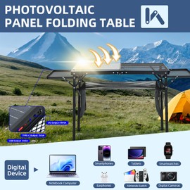 CDEN Camping Table, Solar Panel Charging, Folding Table, Power Charger, Camping Table with Side Tables, USB Type-C DC outlets for Phone provided, 42W Output, 2 Side Shelves