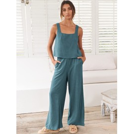 ANRABESS Women's 2 Piece Outfits Linen Pants Jumpsuit Matching Lounge Set Casual Summer Beach Vacation Trendy Clothes Grey Blue Large