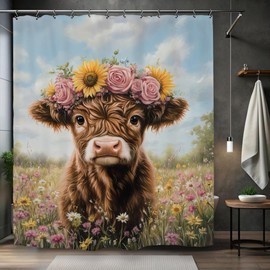 Kalmico Highland - Cortina de ducha de toro de vaca de 60 x 72 pulgadas de largo, divertido animal ganado, flores silvestres, primavera juego de accesorios para decoración con 12 ganchos