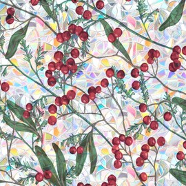 ADD.HERES Window Privacy Film, Stained Glass Decorative Static Cling, Removable Laser Sun Blocking Vinyl Covering,Window Film for Home Kitchen Living Room, Winter Berries, 17.3" x 78.7 "