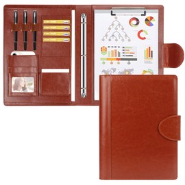 Toplive Leather 3 Ring Binder Padfolio Portfolio Folder, Business Interview Resume Portfolio A4 Size Document Organizer with Clipboard Receipt Sleeve and Card Holder,Brown