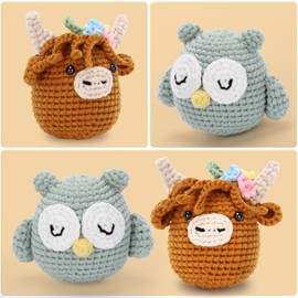 CROCHET BOX Complete Crochet Kit for Beginners - 2 PCS Brown Highland Cow and Owl Crochet Kit, Flower Style, Include Video Tutorial, Instruction, Soft Yarn, Birthday Gift