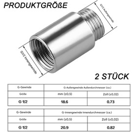 QZKJQDD Tap Extension G1/2 Inch x 30 mm, Pack of 2 Tap Extension, Fitting Stainless Steel 1/2 Inch Extension for Taps, Corner Valves, Shower Heads, Thread Extension, Water Connection (3 cm)