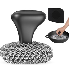 Purgreat Cast Iron Scrubber | Dish Scrub Brush | 316 Cast Iron Cleaner Chainmail Scrubber for Cast Iron Pan Skillet Cleaner - Dish Scouring Pad Dishwasher Safe Cleaning Kit, Black 03