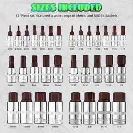 Masater Hex Bit Socket Set, Allen Socket Set, S2 Alloy Steel Combine with Cr-V, 32-Piece, 1/4'', 3/8”& 1/2'' Hex Drive Sockets, SAE & Metric, 5/64” to 3/4”，2mm to 19mm