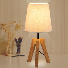 Dreamholder Wood Bedside Table Lamp, Tripod Desk Lamp with On-Off Switch, Nightstand Lamp with Fabric Shade for Reading, Bedroom, Living Room, Office, Natural Wood Base with Linen Shade