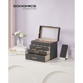 SONGMICS Jewelry Box Organizer with Glass Lid, 4-Layer Jewelry Storage, with 3 Drawers, Modern Style, 6 x 9.9 x 8.5 Inches, Interstellar Gray and Gold Color UJBC161C01