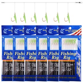 OROOTL Fishing Bait Rigs Saltwater, 6 Packs Surf Fishing Rigs with Sharp Hooks Fish Skin Feather Swivel Snap Glow Saltwater Lures Sea Bass Cod Herring Hook Rig Size 4 6 8