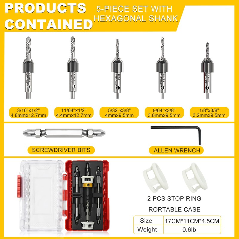AUMEL 5 Piece Hex Shank Router Bit Set with Adjustable