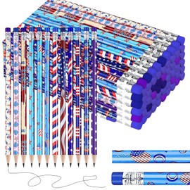 EMPCYDIA American Flag Themed Wood Pencils with Eraser, 48pcs Patriotic Pencils in 12 Designs, USA Flag Gifts Pencil for 4th of July USA Independence Day Parades Party Favors School Office Supplies