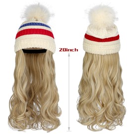 Qlenkay Beanie Hat with Long Wavy Curly Hair Extensions Knit Red Blue Striped Cap Attached 20in Synthetic Wig Detachable Hairpiece Warm Pom for Women Winter Ash Blonde Mix Bleach Blonde