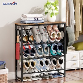 SUFAUY Narrow Shoe Rack for Entryway, Free Standing Slim 4 Tier Metal Shoe Organizer with Adjustable Feet, Rustic Brown