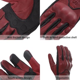 Harssidanzar Mens Motorcycle Gloves Fleece Lined Winter Warm Goatskin Leather Touchscreen GM041CA, Oxblood-Black, Size X-Large
