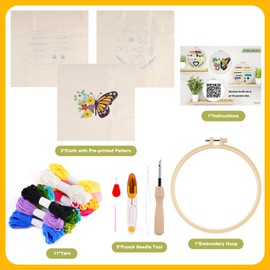 Pllieay 3 Sets Punch Needle Kits, Punch Needle Embroidery Kit for Beginners Including Embroidery Fabric with Pre-Printed Pattern, Hoop, Yarns and Tools
