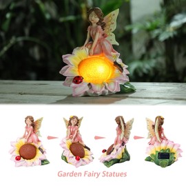 Ovewios Fairy Garden Statues Outdoor Decor, Solar Fairy Lights Outdoor Sunflower Decor Lawn Ornaments Resin Sculptures Fairies Garden Decor for Outside Yard Art Patio Porch, Gifts for Women Mom