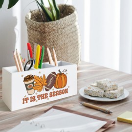 FDHSPAAM Fall Football Pen Holder for Desk, Autumn Coffee Pumpkin Maple Leaf Wooden Box Sign Desk Decor for Home Office Decoration, Rustic Fall Pencil Organizer, Football Lover Gifts