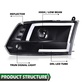 GRAND ORANGE LED DRL Headlights Compatible with 2009-2012 Dodge Ram 1500 2500 3500 Projector Black Housing Headlights Clear lens Black Housing Clear Reflector